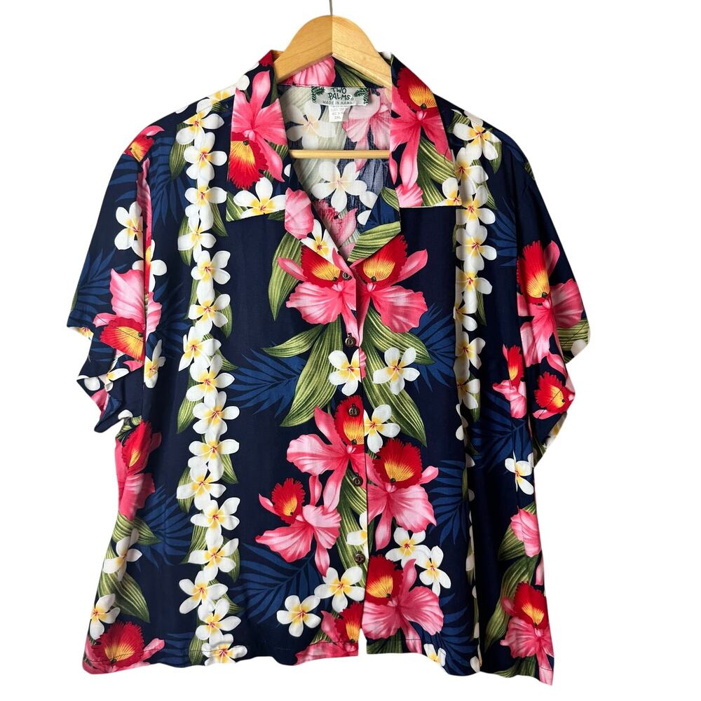 Vintage Two Palms Made In Hawaii Floral Button Down Shirt Women's 3XL Summer